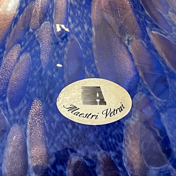 Maestri Vetrai Blown Glass Vase Made In Murano Italy Deep Blue Speckled Copper - Picture 3 of 15